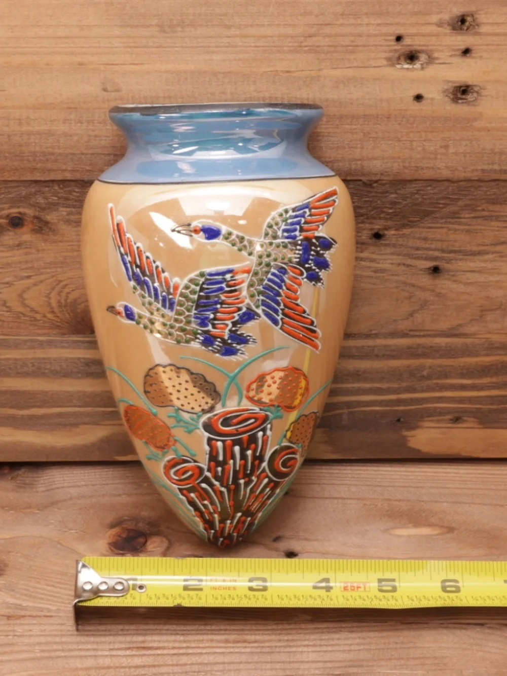 Vintage Hand Painted Blue Wall Pocket Vase Lusterware with Moriage Bird Motif